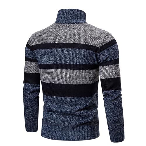 Men's Full Zip Striped Sweater Knit Stand Collar Zipper Long Sleeve Cardigan Tall Big Casual Knitwear Pockets Cardigans (Blue,Medium)2