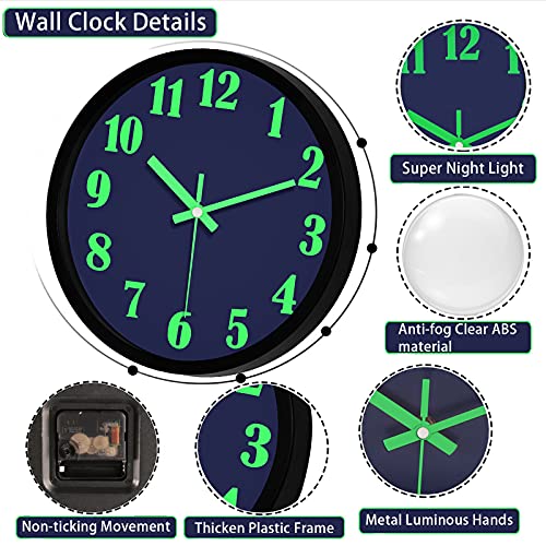 Vecelo Night Light Wall Clocks 12 Inches Clock With Silent Non-Ticking Glowing Function - Great For Home Kitchen Bedroom (Night Blue) #TOP2