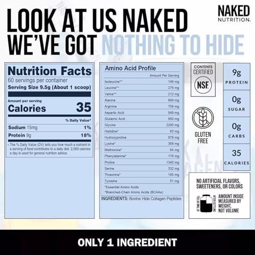 Image of NAKED Collagen Peptides Protein Powder, 60 Servings, Pasture-Raised, Unflavored Grass-Fed Hydrolyzed Collagen Supplement, NSF Certified, Paleo Friendly, Non-GMO, Keto, Gluten Free, 20oz (Pack of 2)
