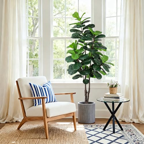 Image of Fiddle Leaf Fig Tree Artificial Plants Indoor - 6ft Realistic Fake Plants Ficus Lyrata Trees, Faux Trees Indoor Floor Plant for Home Decor Living Room Office Christmas Housewarming Gifts