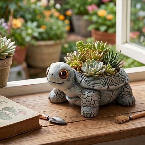 Pot de fleurs tortue réaliste en résine grise résistante