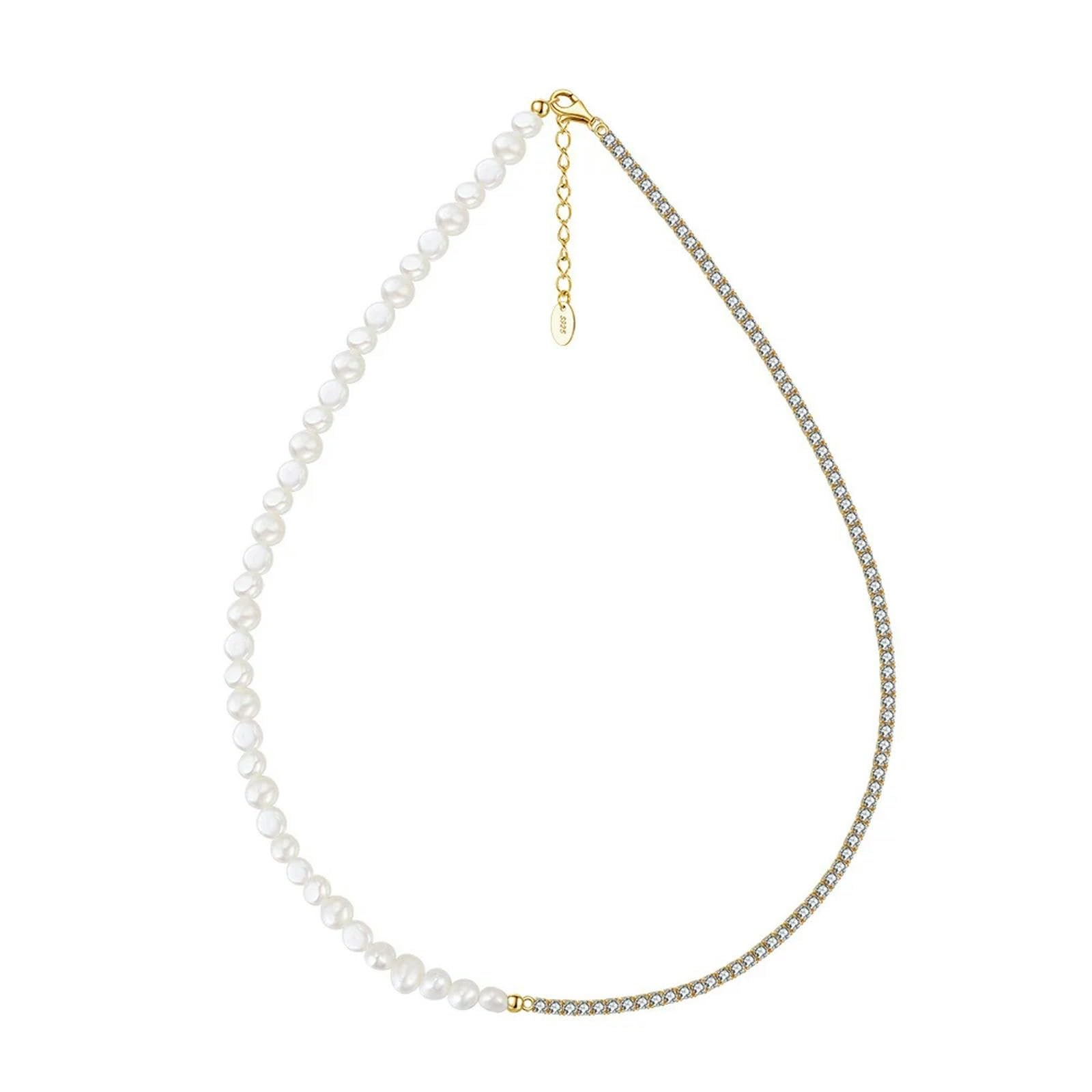 KELIEQA Collar de Perlas de Plata de Oro 925 con Perla barroca Natural de 3-4 mm Hecha a Mano Pearla pequeña para Mujeres