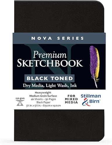 Stillman & Birn Nova Series - Cuaderno de bocetos (tapa blanda), color negro, 3.5" x 5.5", 5.29ozm, papel negro, superficie de grano medio