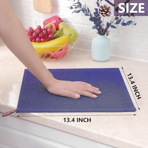 Image of Kitchen Cotton Lint Free Waffle Weave Hand Towels, Quick Drying Dish Cloths, Highly Absorbent Dish Rags Tea Towels Set with Hanging Loop, 13.4 inchx 13.4 inch, Dark Blue, Pack of 4