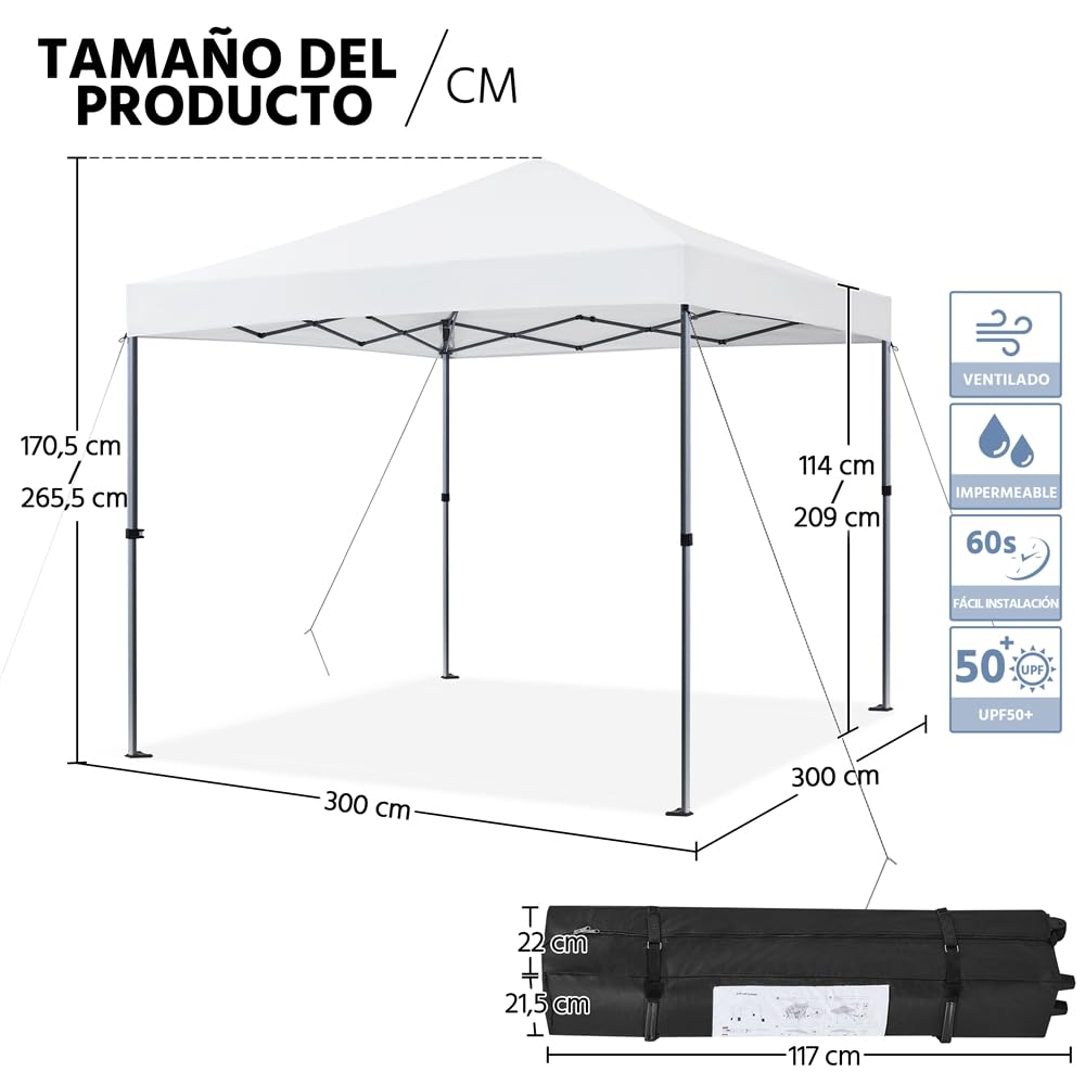 Yaheetech Carpa Plegable 3x3m Cenador Plegable para Exterior Pérgola Cuadrada con Diseño Pop-Up Altura Ajustable para Camp Playa Jardín Terraza Blanco