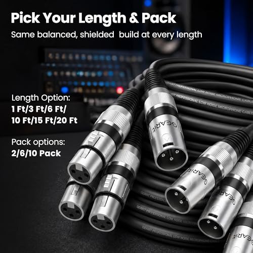 Image of GearIT XLR Male to Female Microphone Cable (10 Feet, 6-Pack) Mic Extension Cable - Black