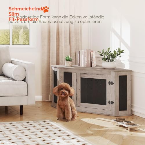 MAHANCRIS Eck Hundekäfig Möbel, Hundebox für Zuhause, im Innenbereich, 113 x 60 x 60 cm, Haustierkäfig für Kleine und Mittelgroße Hunde, Multifunktional, Vintage-Stil, Verwittertes Grau ADCHG0801