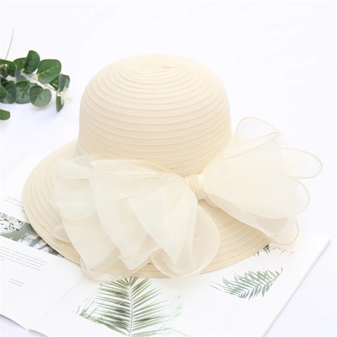 Yeuyyben Elegante cappello da donna estivo in organza a tesa larga cappelli per protezione solare per le donne chiesa matrimonio spiaggia cappello da sole pieghevole