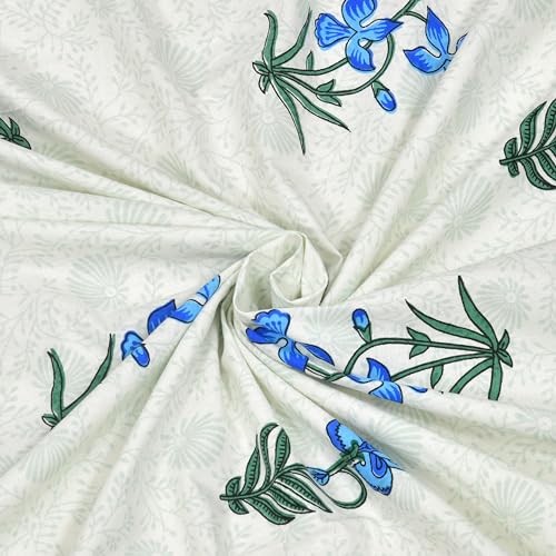 Image of BLOCKS OF INDIA Hand Block Printed 200 TC Cotton King Size Bedsheet (Blue Green Flower)