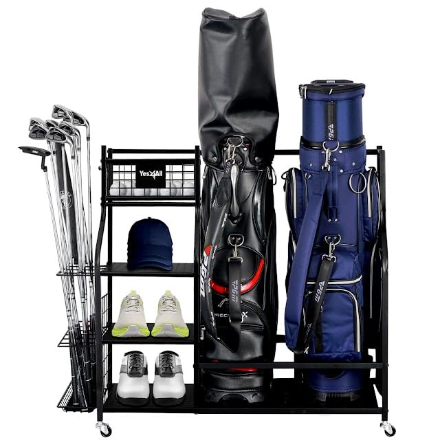 Yes4All Golf Bags Storage Garage Organizer, Golf Club Storage Stand and Lockable Wheels for Garage Indoor Basement, Extra Rack for Golf Clubs and Other Golfing Equipment