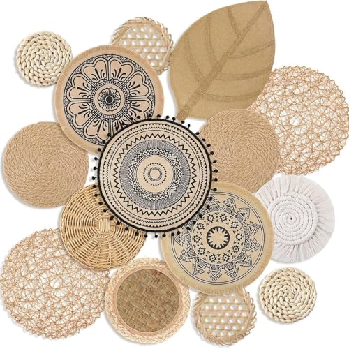 Xiyocadt Boho Wandkorb Dekoration, Hängende Rattan Geflechtkörbe, Rustikale Wandkunst Dekoration für Wohnzimmer, Schlafzimmer, Esszimmer (15A teiliges)