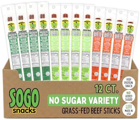 Sugar-Free Beef Jerky Variety Pack, 100% Grass Fed Beef Sticks. Non-GMO. No Added Nitrates, Gluten, Soy, MSG, Dairy or Nuts. Paleo, Whole30, Keto Snack. (4 Original, 4 Chimichurri, 4 Jalapeno, 12-Cnt)