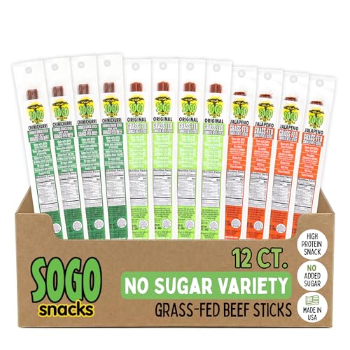 Sugar-Free Beef Jerky Variety Pack, 100% Grass Fed Beef Sticks. Non-GMO. No Added Nitrates, Gluten, Soy, MSG, Dairy or Nuts. Paleo, Whole30, Keto Snack. (4 Original, 4 Chimichurri, 4 Jalapeno, 12-Cnt)
