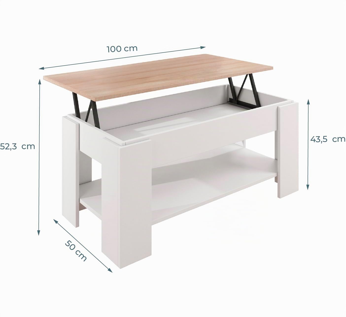 MB Muebles Bonitos, Mesa de Centro Elevable con Almacenameinto Nicoleta, Mesa pequeña para Salón, Melamina Mate, Color Blanco y Sonoma, 100x50x43,5 cm
