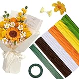 手芸モール 250本 カラーミックス フラワーモール 手作りキット 6ｍｍ 花束 モールフラワー キット クラフトモール 工作モール 人工花茎20本フラワーテープ緑1巻 双頭花おしべ DIY 飾り物 造形材料 学校 手作り素材 手芸 用品 記念日 誕生日 母の日 バレンタインデー 贈り物 (黄色)