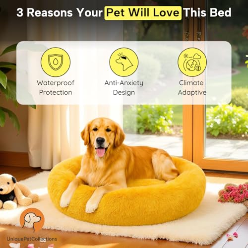 Image of Fabric Fluffy Washable Waterproof Dog Bed For Summer | Large Size Round Pet Bed For Golden Retriever, Labrador, Pug, Beagle | Anti-Skid, Soft & Cozy For All Breeds (Golden, S)