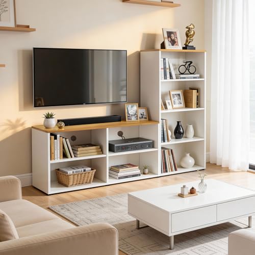 Image of ABOUT SPACE TV Unit - Engineered Wooden TV Stand 32 inch to 50 inch Table Cabinet with Bottom Storage, Side Rack, Cable Hole for WiFi Router Stand Console Table for Living Room, Bedroom (White & CM Oak)