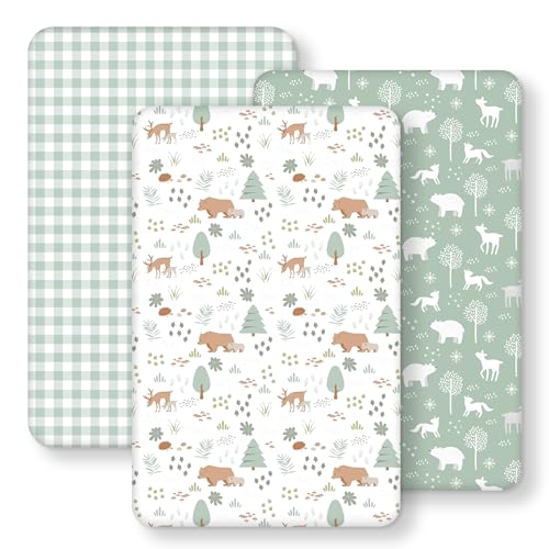Image of FIEMOL Baby Bedside Bassinet Sheets Fitted, 33”x20” Compatible with Baby Delight Dream On Me & Most Rectangle Bedside Sleeper Bassinet Mattresses, Super Soft Microfiber Green Woodland Bear