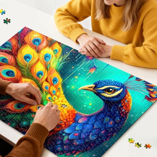 Rompecabezas de 1000 piezas para adultos con diseño de pavo real, tablero HD grueso y sin polvo | ROSE RAIN Premium, puzzle duro con letras en la parte trasera, arte fantasía de pavo real para alivio de estrés y noches de juegos familiares miniatura 2