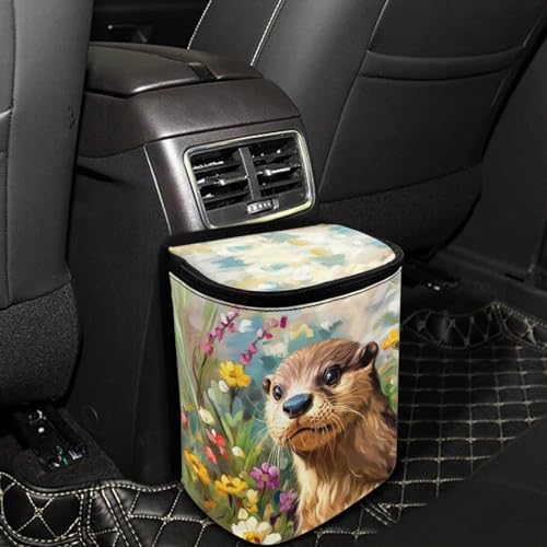 Image of Talayituse Otter Daisy Print Car Trash Bin, Large Size Auto Trash Can Adjustable Portable Garbage Can with Lid, Vehicle Hanging Bag for Headrest Front Back Seat