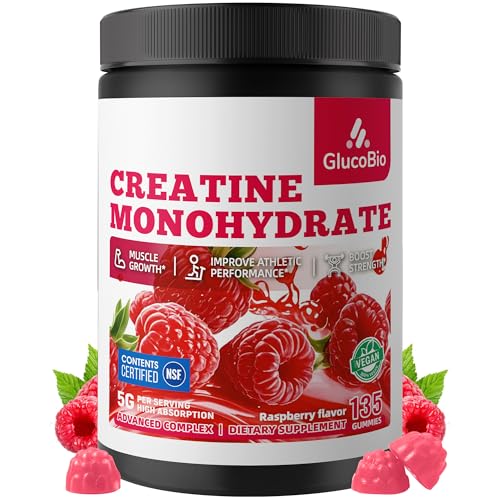 GlucoBio Creatine Monohydrate Gummies (5g) Pre-Workout Energy & Muscle Growth Support for Men & Women | Raspberry Electrolyte Gummies (135 Count)