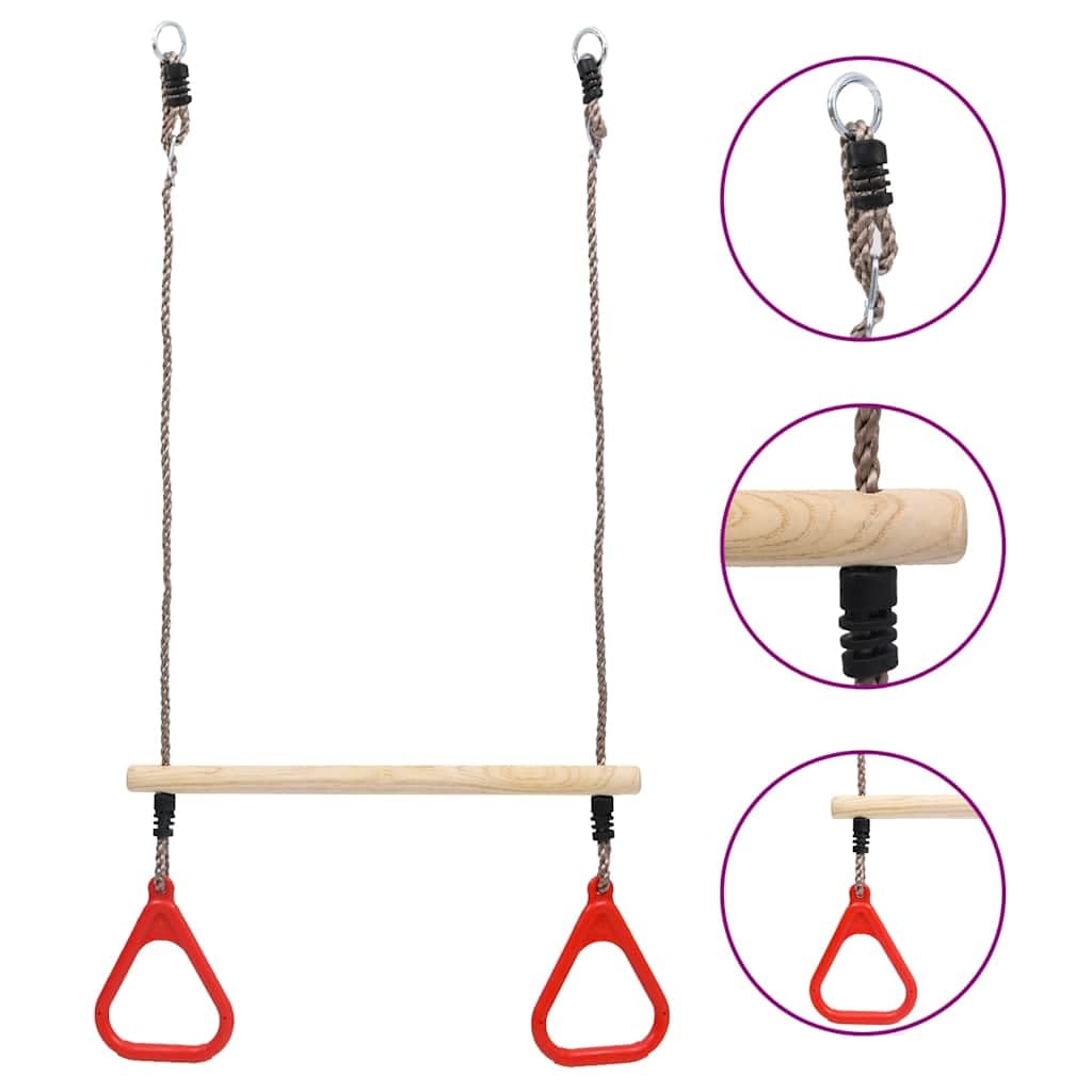 Columpio trapezoidal con anillos de madera maciza de pino y polietileno, barra de 3,5 x 58 cm, altura de 110 cm, juguete de motricidad para niños, columpio al aire libre para dispositivos de