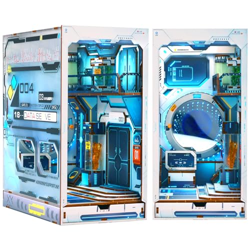 3D Wooden Puzzle Bookends, DIY Book Nook Kit, Bookshelf Insert Decor with LED Light DIY Miniature Dollhouse Model Kit for Kids Adults Birthday Halloween (Science Fiction Space)