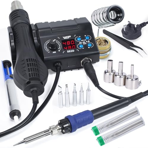 WEP 882D Soldering Iron Station 2-in-1 SMD Hot Air Soldering Station with 2 Spools of Solder Wire 5 Soldering Tips 3 Hot Air Nozzles Brass Wool Tip Cleaner Tweezers Desoldering Pump (UK Plug)