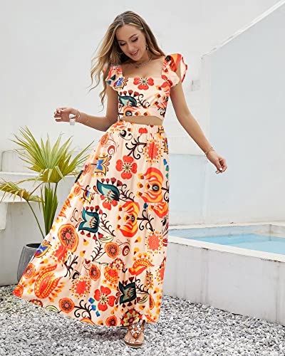 Two-Piece Summer Casual Floral Outfits Stretchy, Women Club Night Out Maxi Dress Romper, Sets- Sexy Ruffled Strap Tank Crop Tops+High-Waisted Flowy Long Maxi Skirts Beige Orange #TOP1
