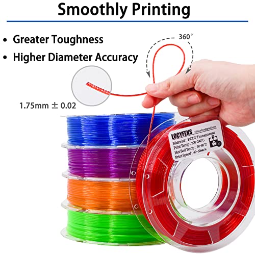 Image of PETG Filament 1.75mm, Clear Transparent Filament 5 Colors, 3D Printer Filament Bundle Multicolor, 1.75 PETG + /- 0.02mm, 3D Printing Red Green Blue Purple Orange 200g x 5 Spools