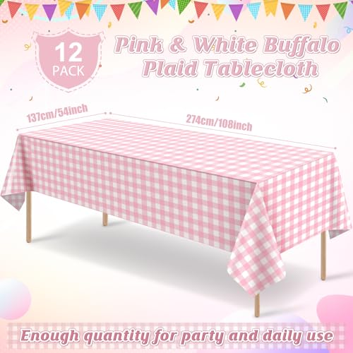 Image of 12Pack Pink and White Plastic Checkered Tablecloth, Premium Decorative Disposable Pink Gingham Plaid Table Cloths for Parties, Rectangle Party Table Cover for Picnic Farm Birthday Wedding, 54x108 Inch