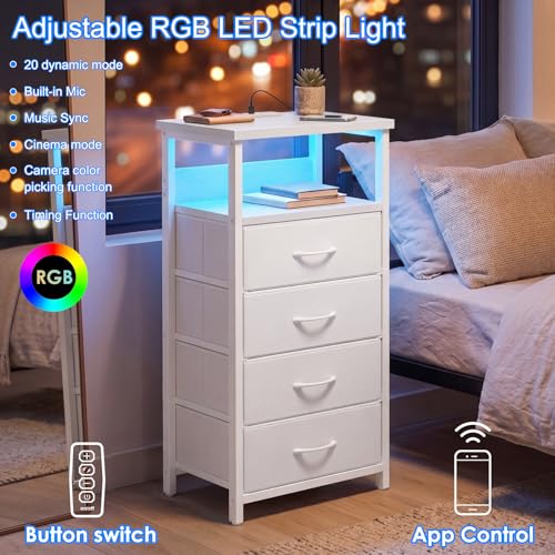 Image of Fixwal Tall Nightstand with Charging Station, Night Stand with U-S-B Ports and Outlets, 4 Fabric Storage Drawers with PU Finish, Small Dresser Bed Side Table, White