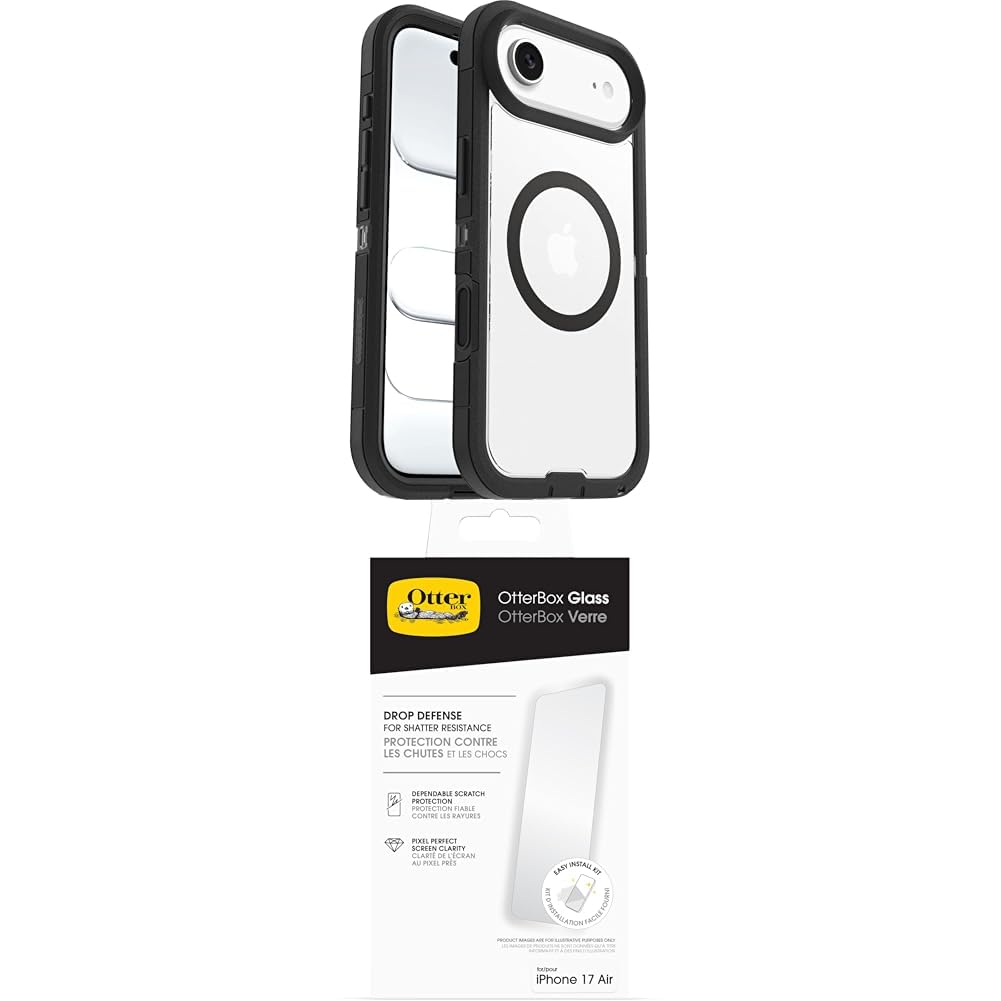 OtterBox Defender Series Pro XT MagSafe para iPhone Air, Testada 7x con estándares Militares anticaídas, Transparente/Negro + OtterBox Glass Protector de Pantalla de Cristal Templado