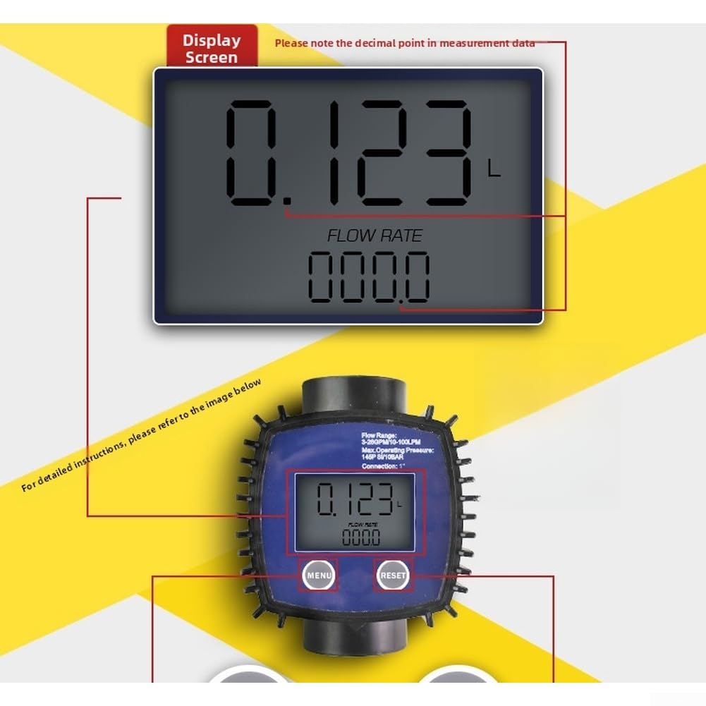 Medidor de flujo electrónico de turbina con pantalla digital, conector roscado de acero inoxidable para metanol, diésel y agua, rango de medición 10-100 L/min, precisión ± 1%, resistencia a la presión