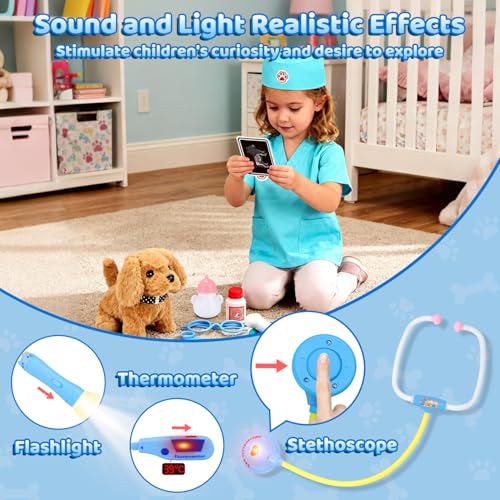 UBeesize 31Pcs Arztkoffer Kinder mit Elektrischer Hund Spielzeug der Läuft und Bellt, Interaktiver Hund Echt Stethoskop, Thermometer für Tierarzt Spielzeug Arztkoffer Kinder ab 3-5 Jahre Blau
