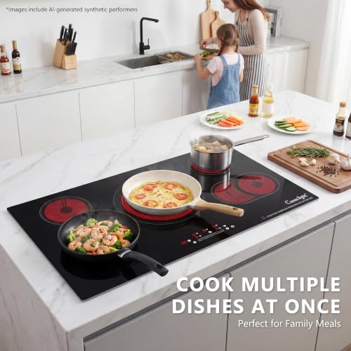 Image of 36 Inch Electric Cooktop, 5 Burner Built-In Ceramic Glass Stove Top, 9200W | 36-inch built-in radiant cooktop with 5 zones, 9200W, ceramic glass, touch control, and 220-240V wiring.