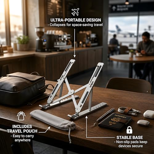 Image of 6 Angles Adjustable Aluminum Laptop Stand, Ergonomic Foldable Portable Tabletop Riser Holder for MacBook, HP, Dell, Lenovo & All Notebooks (Grey)