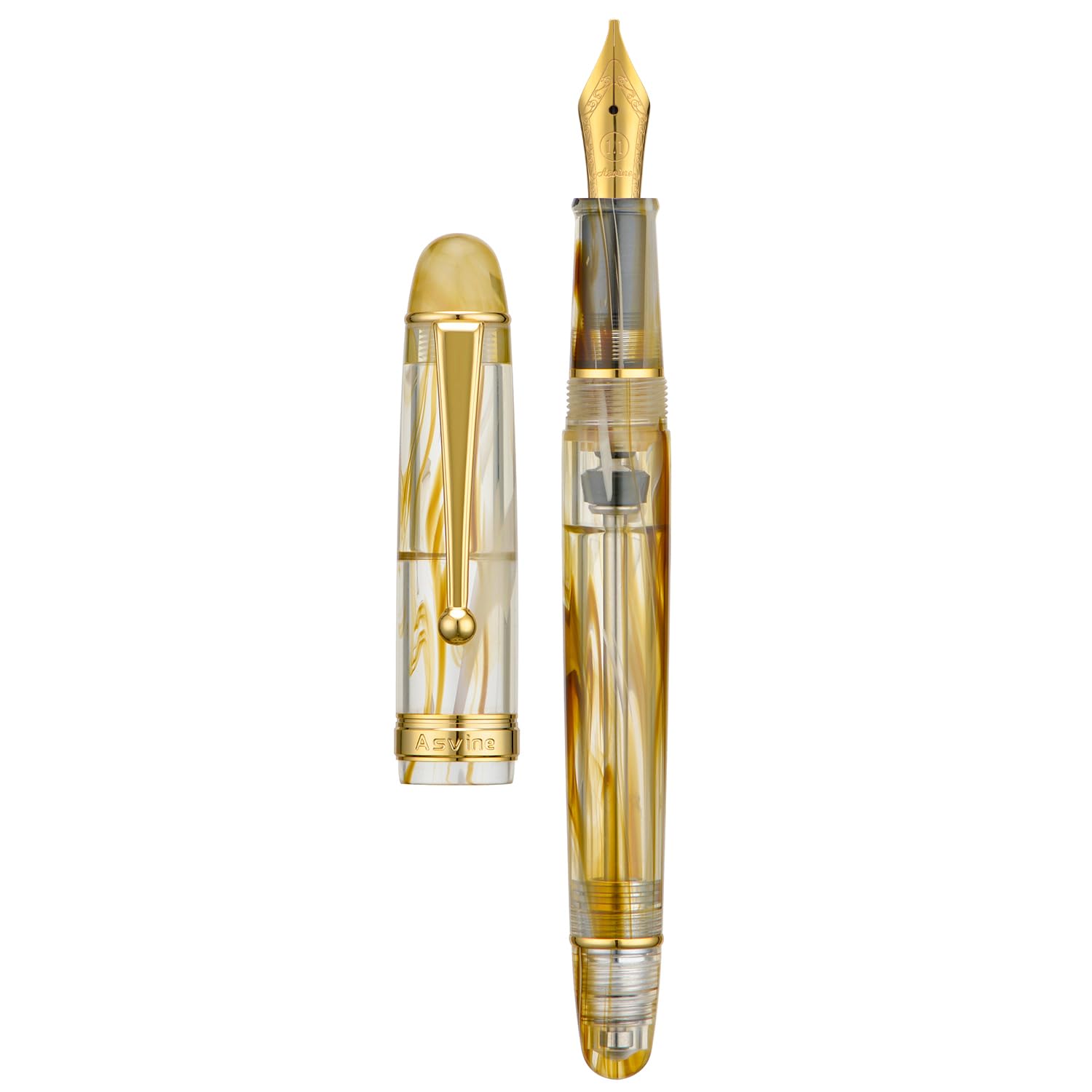 Asvine V126 Vacuum Filling Fountain Pen, Brown Swirl Acrylic Stub Nib 1.1mm Calligraphy Art Drawing with Case Set