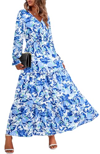 BTFBM Women Fall Dresses 2025 Casual Long Sleeve V Neck Maxi Dresses Floral Boho Long Dress Wedding Guest Dress