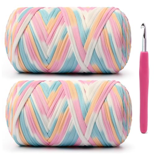 Image of 2 Pack Soft Tshirt Crochet Yarn, 800g /228yds High Elastic Hand Knitting Yarns, Thick T Shirt Yarn for Crocheting Bags, Baskets, Cushions, DIY Crafts(2 Candy Color)