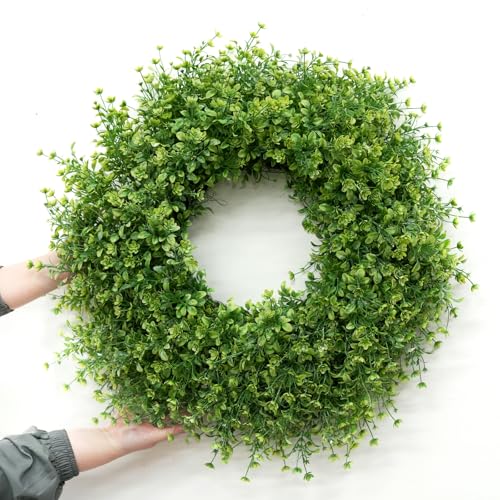 Image of 28 Inch Large Boxwoods Wreaths for Front Door Artificial Green Leaves Greenery Indoor Outdoor Wreath Home Decor Porch Window Wall Farmhouse Door Decorations Spring Summer Fall All Seasons