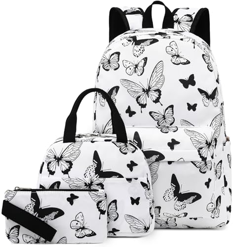 LEDAOU Schulrucksack Mädchen Kinderrucksack Schultasche Teenager Schul Rucksack für Kinder Schultaschen-Sets mit Lunchpaket und Federmäppchen(Schwarzer Schmetterling)