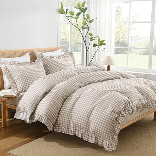 Andency Tan Gingham Duvet Cover Queen Ruffle Shabby Chic Bedding Set 3 Pcs