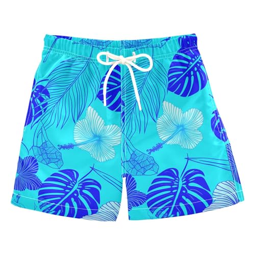 DOMIKING Hibiscus Monstera Flowers Teal Toddler Boys' Swim Trunks Mesh Lining Swim Shorts for Kids Boys Adjustable Waist