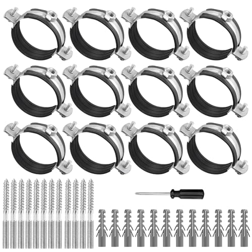 12 Pièces Collier de Serrage 50mm, Support de Tube avec Tournevis, Colliers de Serrage à Visser avec Insert en Caoutchouc pour Tube Ht, Conduite D'eau,...