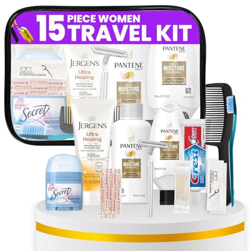 Trektote Travel Toiletry Kit For Women – 15 Piece Set of Premium Travel Size Toiletries, TSA Compliant Travel Essentials, Includes Shampoo And Conditioner, Body Wash, Toiletry Bag & More