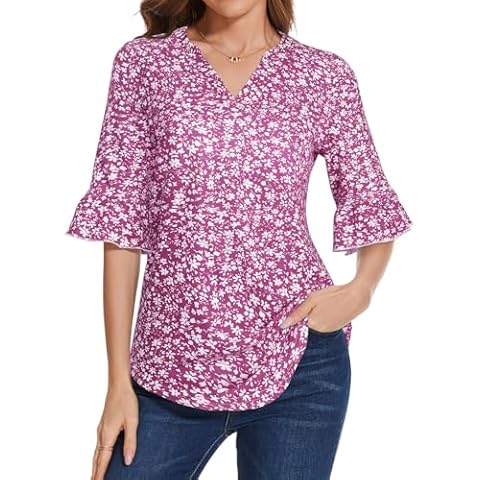 Sureple Womens 3/4 Length Sleeve Lightweight Summer Tops Floral Pleated Trim Bell Sleeve Blouse(SP331-Purple W FloralL) Cover