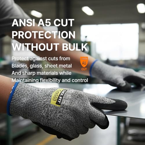Image of DEX FIT Level 5 Cut Resistant Gloves Cru553 Anti-Static, 3D Comfort Fit A5 Safety Work Gloves with Grip, Thin Touchscreen Gloves for Warehouse, Package Handling, Glass Handling, BlackGray, M, 12 Pairs