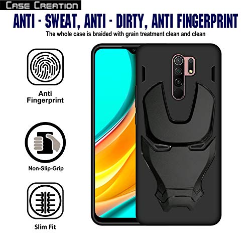 Image of COVERLY Official 3D Touch Feel Trending Real Hero Avenger Logo Mask Soft Rugged Grip Iron Man Super Power Cartoon Movie Silicone Matte Strong Back Cover for Xiaomi Redmi 9 Prime 2020- Black