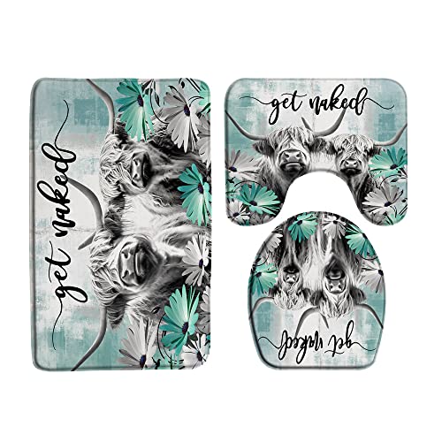 3 Piece Farmhouse Highland Cow Get Naked Bath Mat Sets Farm Animal Portrait of Highland Cow Longhorn Bull Rustic Flower Western Bathroom Doormat Rugs,Toilet Seat Cover,U-Shaped Floor Mat